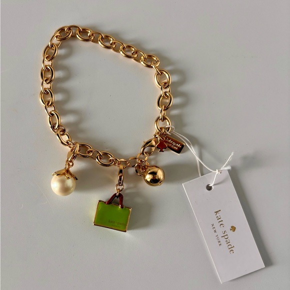 Kate Spade Gold Charm Bracelet with Green Purse and Pearl Charms - Picture 2 of 4
